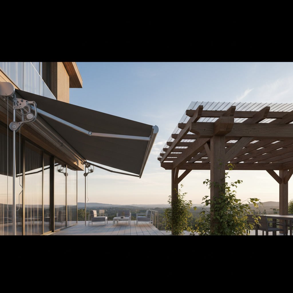 Retractable awning mechanism showing lateral arms and rolling barrel