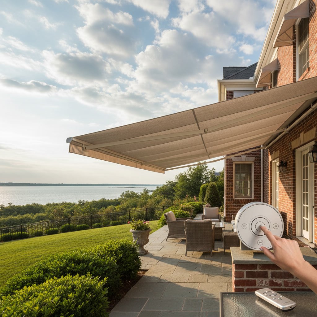 Motorized retractable awning with remote control and wall switch