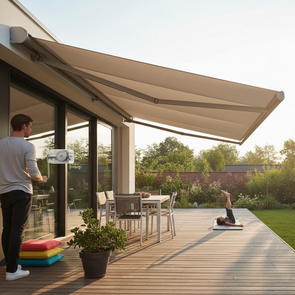 Awning pitch adjustment affecting shade coverage and water runoff