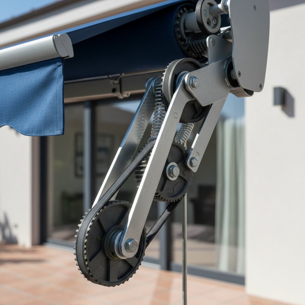 Retractable awning extending over outdoor patio area